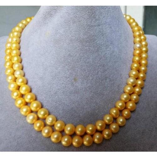 Fashion jewelry 8-9 mm round natural south sea gold pearl necklace 50" gold 925 Silver Clasp