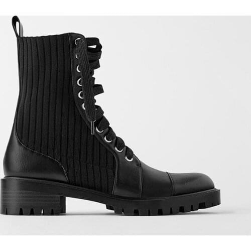 Fashion Ladies Platform Boots Women Elastic Knitting Chunky Ankle Boots Woman Pu Leather Shoes Woman motorcycle outdoor boot