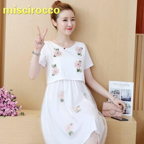 2018 Two Fake Lactation Maternity Dress Gauze Embroidery Flowers Summer Pregnant Woman Short Sleeves Breast Feeding Clothes