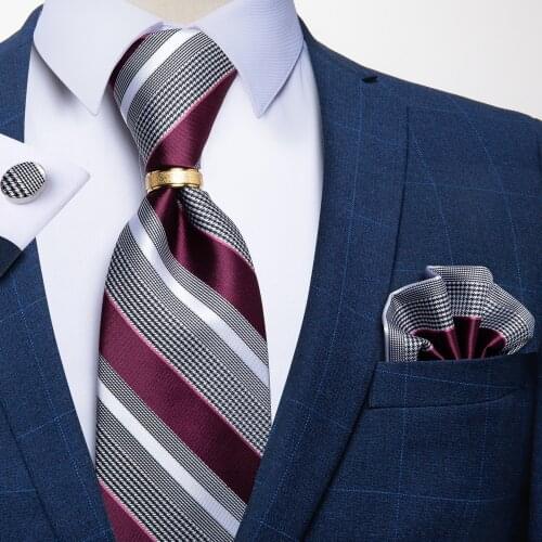 Luxury Purple White Striped Silk Woven Ties For Men Classic Business Wedding Party Necktie Pocket Square Ring Set DiBanGu