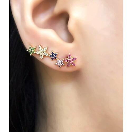 Tiny Star Moon Stud Earrings Paved Micro Multicolor Zirconia Gold Color Adjustable Boho Clip Cuff Ear Earring CZ Fashion Jewelry
