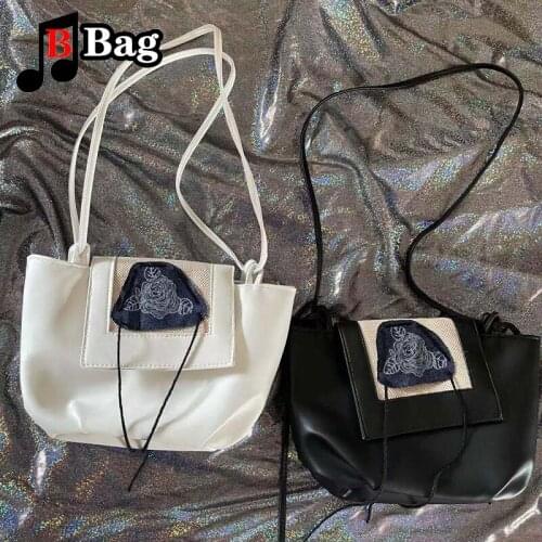 Women Girl black white rose Fold single shoulder underarm bag Female Fashion Flap Messenger bag Cloud bag Handbag Crossbody bag