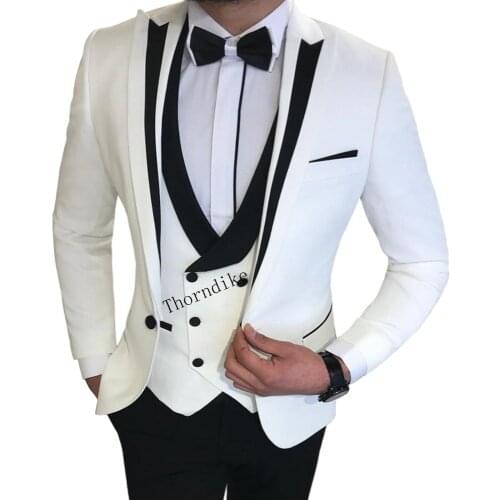 Thorndike 3 Pieces Suit Men Slim Fit Business White Peaked Lapel Splice Groomsmen Tuxedo for Wedding( Jacket + Vest+Pants
