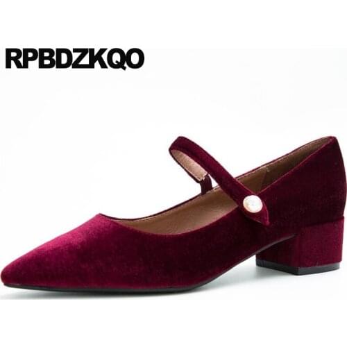 Pointed Low Heels Bridal Shoes Mary Jane Size 4 34 Chunky Wine Red Wedding Evening Velvet Pearl Pumps Top Quality Women Strap