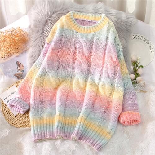 O-Neck Long Loose Striped Korean Jumpers Candy Color Oversized Female Tops Autumn Winter Women Rainbow Sweaters Tie Dye Pullove