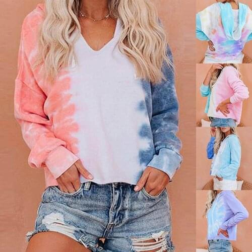 Stylish crop top hoodies women 2021 Long Sleeve Drawstring Tie Dye Hoodie Gradient Color Sweatshirt sweatshirt women vintage