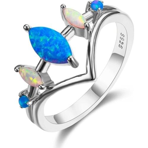 Cute Female White Blue Fire Opal Ring Silver Color Wedding Band Ring Jewelry Promise Love Engagement Rings For Women