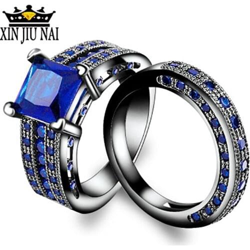 2/pcRetro Luxury Punk Black Cocktail Party Blue Cubic Zirconia BlackGold Color Fashion Jewelry Ring Sets For Man Woman Wholesale