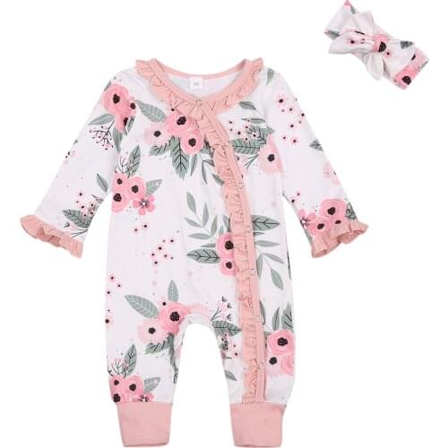2020 0-18M Infant Baby Girl Fall Romper Headband 2pcs Floral Print Long Sleeve Ruffle Jumpsuit Cotton Clothes