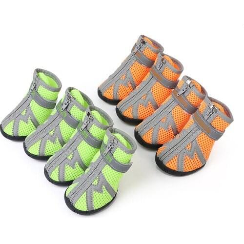 4Pcs/set Reflective Dog Shoes Breathable Mesh Pet Shoes Boots Socks for Small Dogs Wear resistant Anti-slip Footwear with Zipper