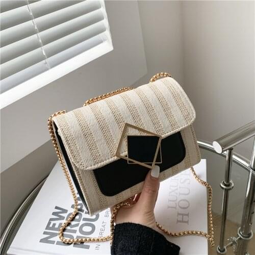 Aaby Fashion Straw Crossbody Bag For Women Striped Panelled Mini Summer Beach Bag With Matel Chain And Lock High Quality