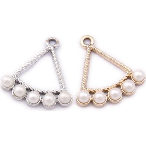 Free Shipping 50pcs/Lot Round White Pearl Paved Bright Silver Gold Color Metal Alloy Triangle Shape Fashoin Earring Charms