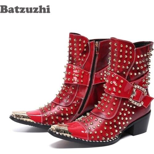 Batzuzhi 6.5cm High Heels Boots Men Rock Rivets Short Mens Boots Pointed Metal Tip Buckles Motorcycle Botas Hombre, Size 38-46