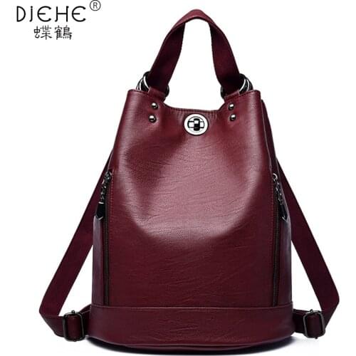 Diehe Brand Woman Backpack High Quality Leather School Bags Moto Style Women Backpacks Vintage Soft Lady Bucket Shoulder Bags
