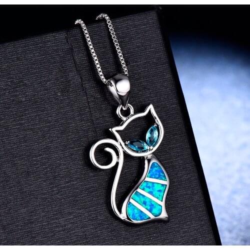 Hermosa Cat Design Natural Blue Opal Rose Gold Silver Color Birthstone Charms Pendant Chain Necklace For Girls