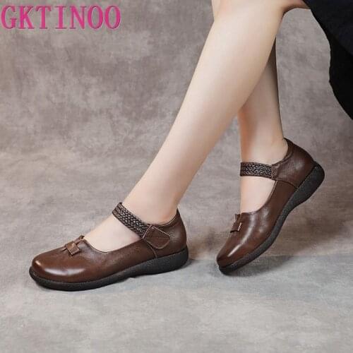 GKTINOO Genuine Leather 2021 New Flats Women Shoes Hook & Loop Shallow Spring Autumn Comfortable Concise Leisure Ladies Shoes
