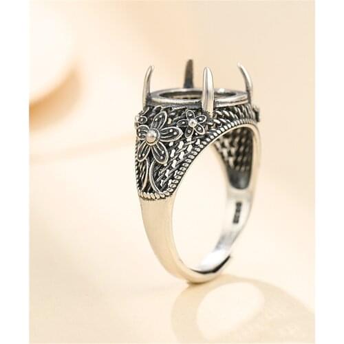 Ring Blank for 12x12mm Round Cabochons Adjustable Ring Base Thai Sterling Silver Antique Style Ring Setting SR0106