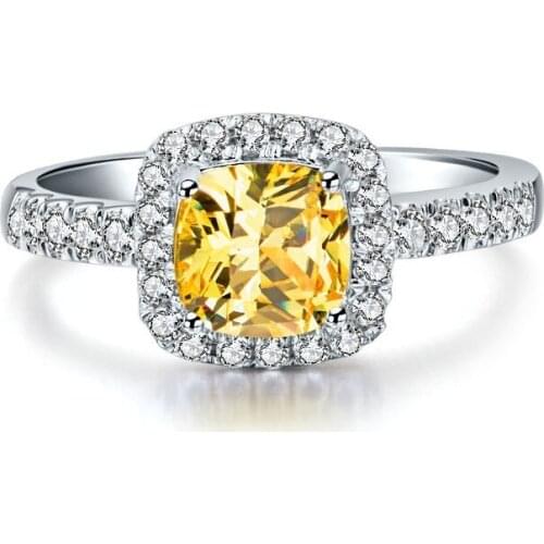 Halo Style 2Ct Cushion Cut Yellow Simulate Diamonds Ring Engagement Anniversary Diamond Ring 925 Silver Platinum Plated Jewelry