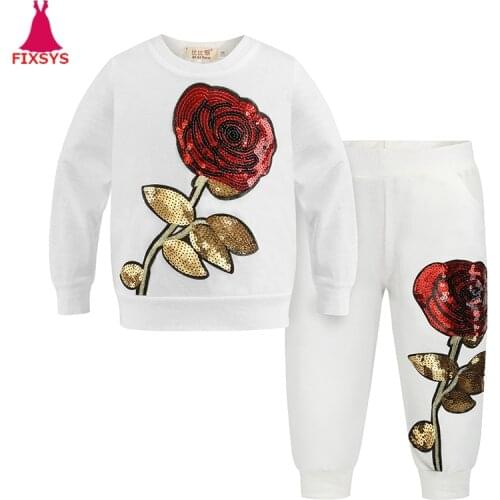 Hot 2020 Girls Clothing Sets Rose Sequin Applique Toddler Kids Long Sleeve Shirts + Pants Two-piece Children Clothes Sport Suits