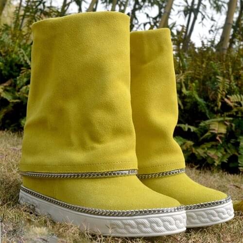 Ins Hot Woman Lemon Yellow Suede Chains Decor Boots 80mm Height Increasing Inner Hidden Wedge Heel Woman Slip On Mid Boots