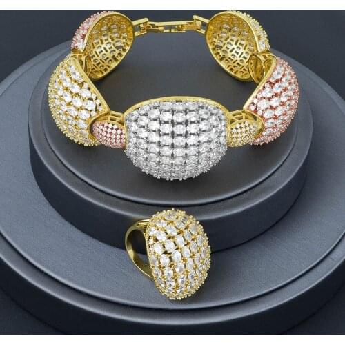 ModemAngel New Arrive Luxury Bamboo Shape Super Cubic Zriconia Width Bracelet Bangle Ring Set Saudi Arabic Dubai Bangle Ring