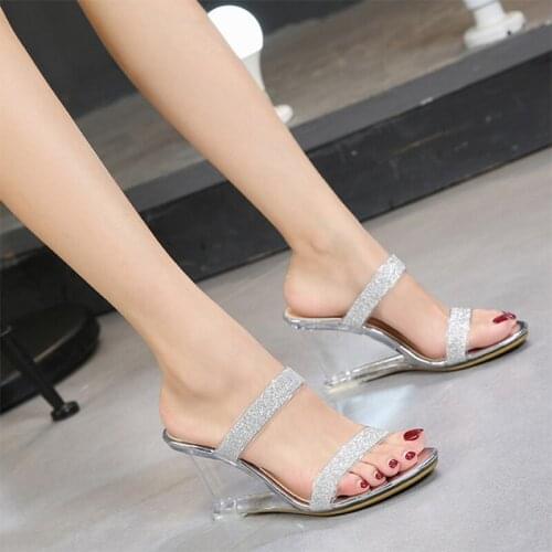 NEW Transparent Crystal Transparent wedge heel Sandals Women Fashion Wedges Shoes Woman Slippers Gold Silver Color WS0120-2
