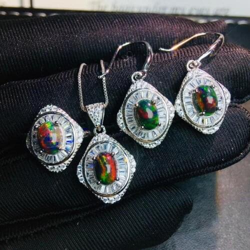New style Natural dark opal gemstone necklace ring earrings and necklace jewelry set with silver