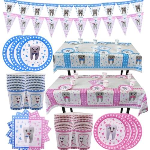 1set Boy/Girl My First Tooth Party Decor Supplies Disposable Tableware Paper Plates Cups DIY Baby Shower Birthday Tooth Balloon