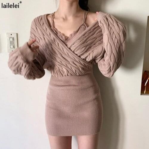 V-neck twist sweater dress long sleeve sexy tight mini knit short robe autumn 2021 new winter Korean elegant clothing