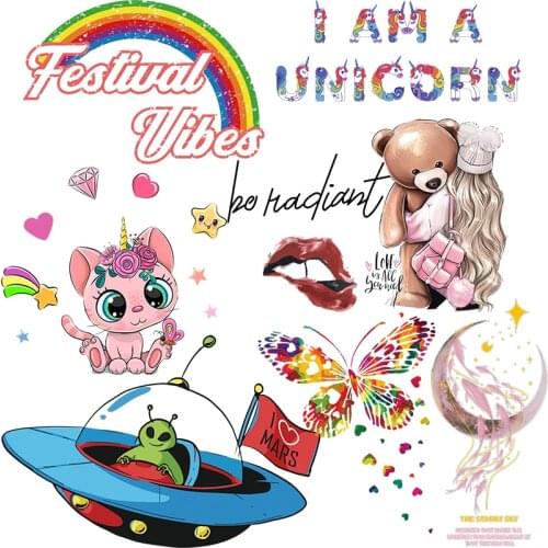 Rainbow UFO Iron On Transfer Patches For Clothing DIY Appliques Badge Thermal Stickers Stripes Cat Animal Pattern Clothes Patch