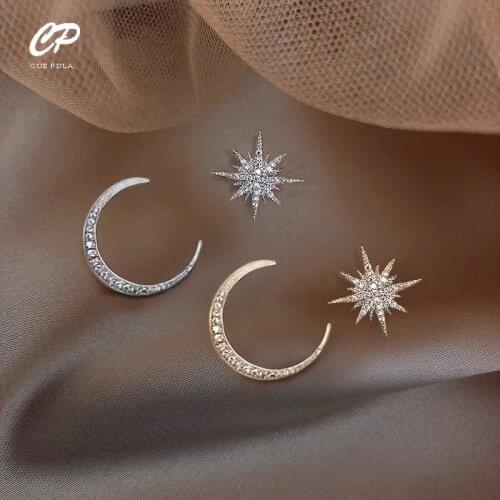 Luxury Star Moon Earrings Korean Version Asymmetrical High Sense Earring Fashion Prevent Allergy Exquisite Ear Nail