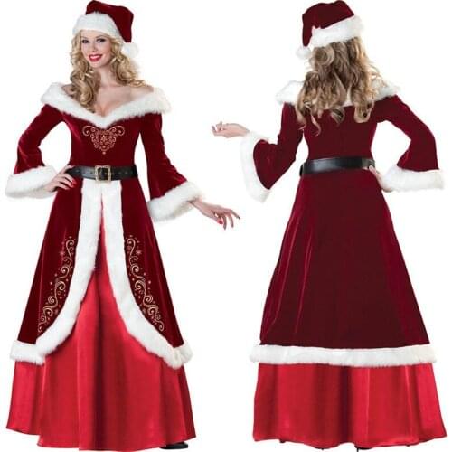 Deluxe Velvet Ladies Santa Claus XMAS Outfit Costume Merry Christmas Long Dress