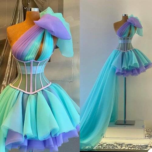 Modest Purple Green Prom Mini Asymmetrical Dresses with One Shoulder Sleeve Formal Evening Dress Party Gowns