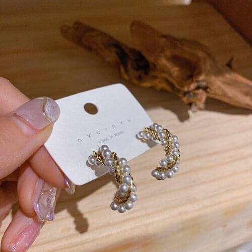 New Retro Circle Pearl Open Ring Earrings Long Korean Style Earrings Fashionable and Versatile Earrings Classic Jewelry