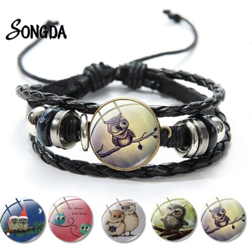 Vintage Cute Owl Couple Bracelets on Hand Glass Cabochon Adjustable Leather Braided Wristband Woman Mens Jewelry Party Gifts