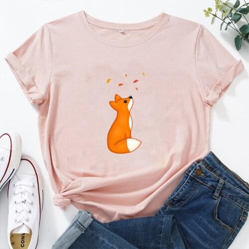 Cartoon Fox Pattern Women Tshirt Cute Cotton Printing Clothes T-shirt Women Graphics Women T Shirts HarajukuKawaii Women Tee