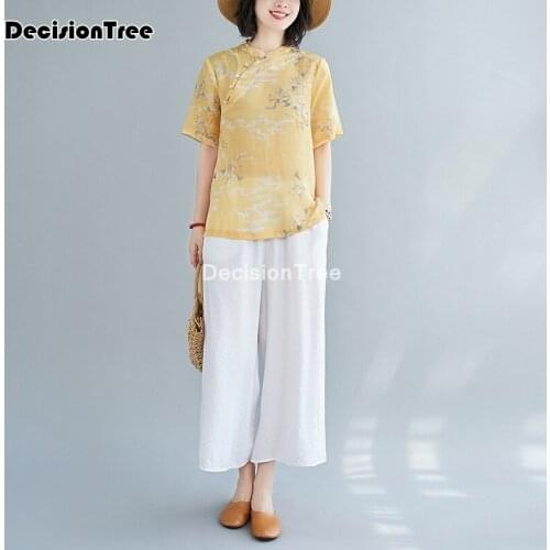 2021 retro cotton chiffon blouse female ethnic style shirt chinese wind flower print tea service women cheongsam tops