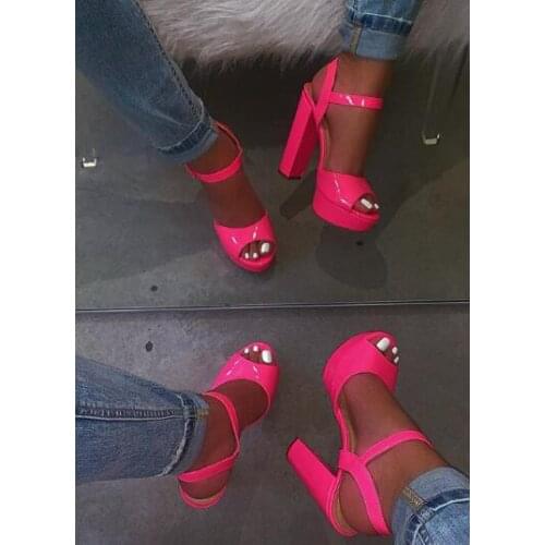 Moraima Snc Rose Pink Patent Leather High Heel Sandal Woman Peep Toe Thick Heels Shoes Ankle Strap Dress Shoe Sandal