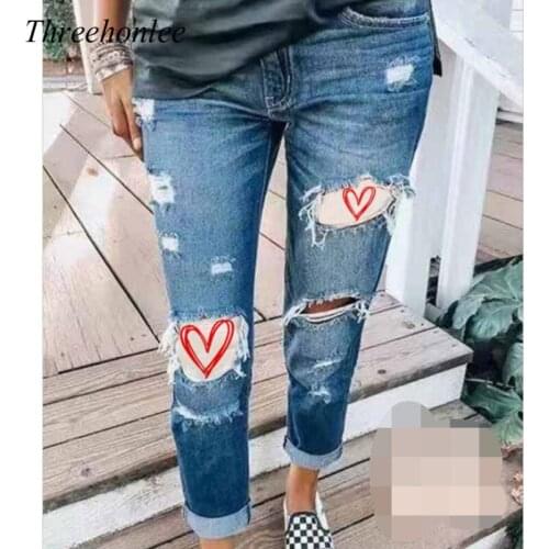 High Quality Womens Ripped Jeans 2021 Summer Autumn Print High Waist Straight Slim Womens Denim Pants