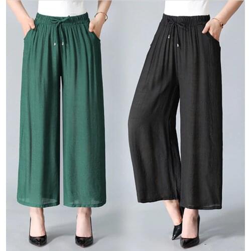 Plus size 6xl 7xl lady wide leg pants women Summer elstic waist office trousers Chic streetwear casual thin cotton linen pants