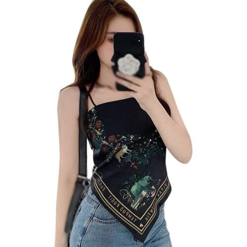 Daxin Womens Retro Print Irregular Crop Tank Tops Summer Bow Backless Famale Slim Sexy Short Camisole Ladies Vest
