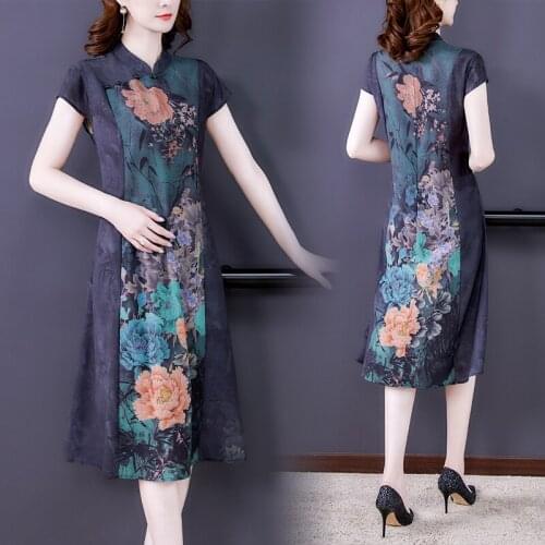 Women Chinese Style Floral Mulberry Silk Midi Dress Summer Vintage Casual 4XL Plus Size Dress 2021 Elegant Bodycon Party Vestido