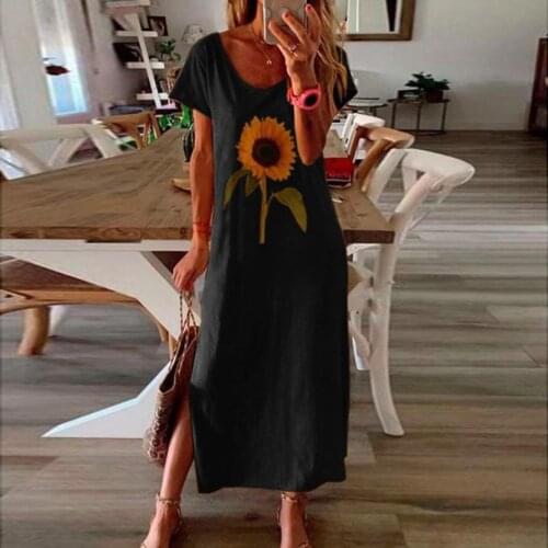 2020 Tshirt Casual Dress Long Sleeve Women Sunflower Print Midi Dress Side Splited Plus Size S-5XL Loose Boho Beach Dress Autumn