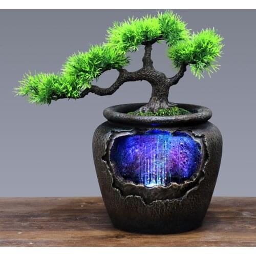 7Color Led Change Creative Indoor Resin Flower Pot Flowing Water Sound Waterfall Fountain Garden Feng Shui Simulation Tree Craft