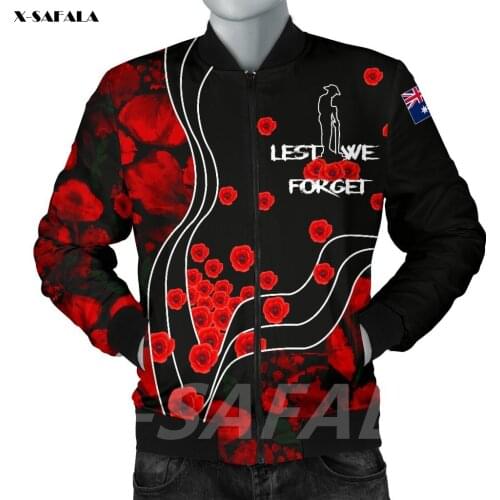 Anzac Lest We Forget Poppy Flowers 3D Printed Bomber Thick Jacket Man Female Outwear Baseball Flight Pilot Jacket Zipper Coat