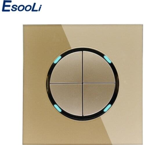 Esooli 2019 New Arrival Gold Crystal Glass Panel 4 Gang 1 Way Random Click On / Off Wall Light Switch With LED Indicator