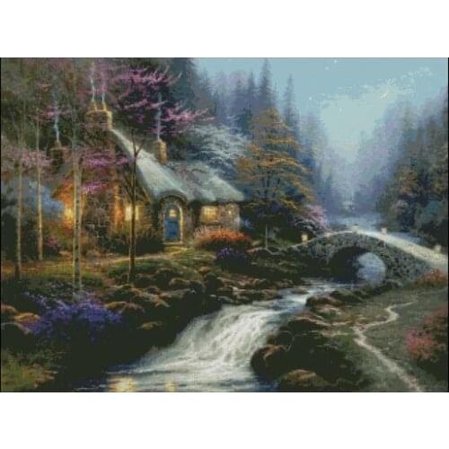 Hut by the river, bridge Scenery Cross Stitch Kits Needlework 14CT Unprinted Embroidered Top Quality DIY Handmade Decoration