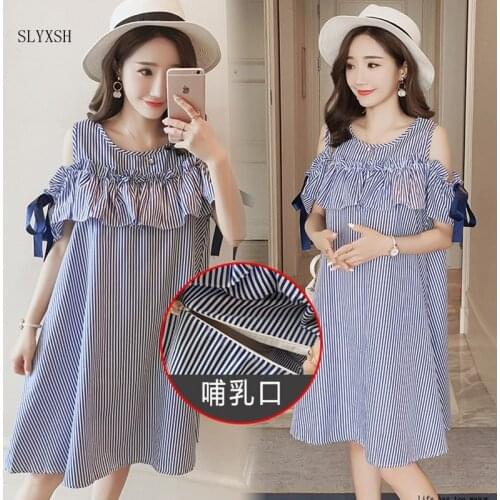 Summer Maternity Breastfeeding Dresses Bow Sleeve Dress Clothes for Pregnant Women Striped Pregnancy Breastfeeding Clothing