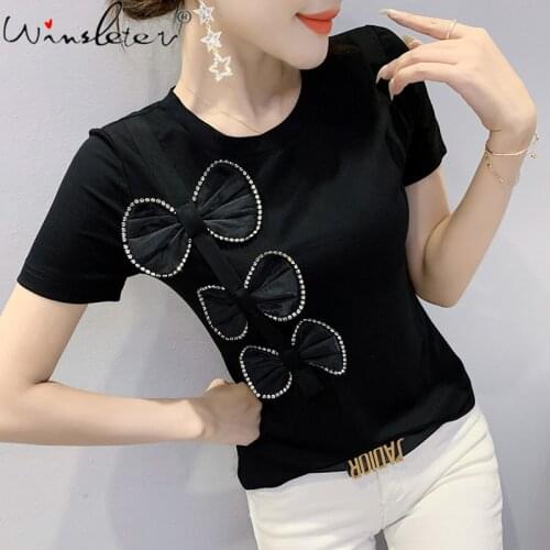 Summer European Style Cotton T-Shirt Fashion Sexy O-Neck Bowknot Patch Shiny Diamonds Women Tops Short Sleeve Tees 2021 T16818A