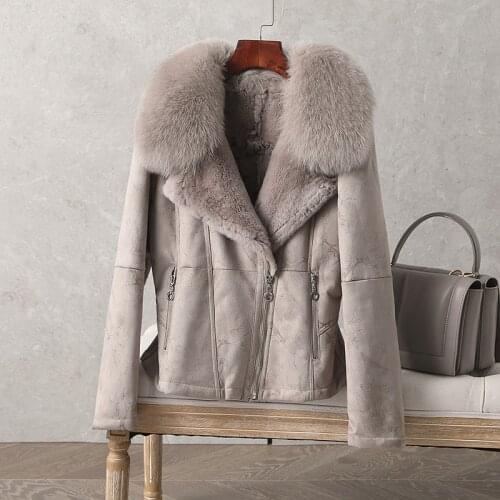 Genuine Rex Rabbit Fur Coat Slim Fox Fur Collar Female Jacket Warm Coats and Jackets Women Autumn Winter Vetement Femme Zjt1664